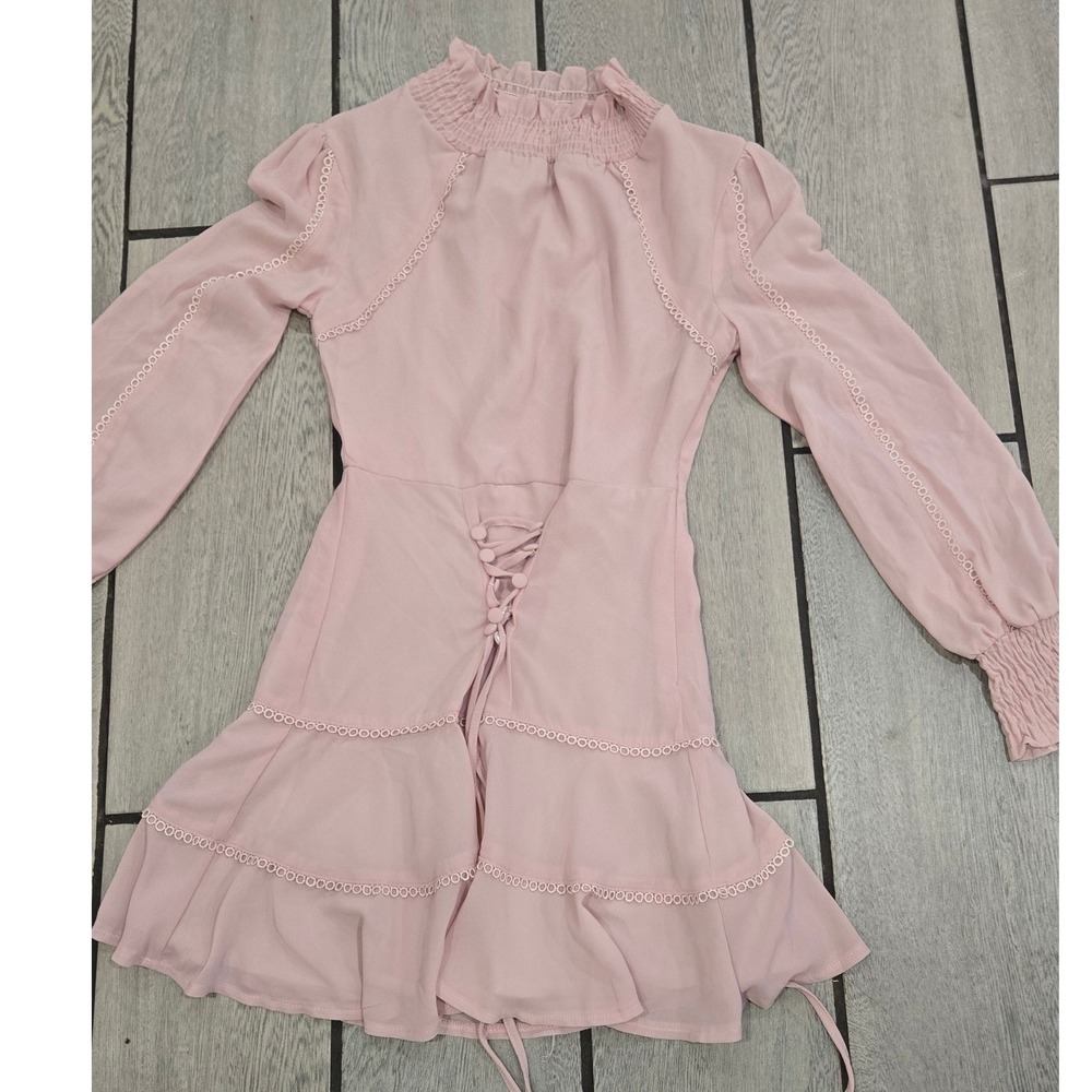 Hello Molly Pink Long Sleeve Mini Dress Smocked Neck Lace Up Tiered Ruffle XS